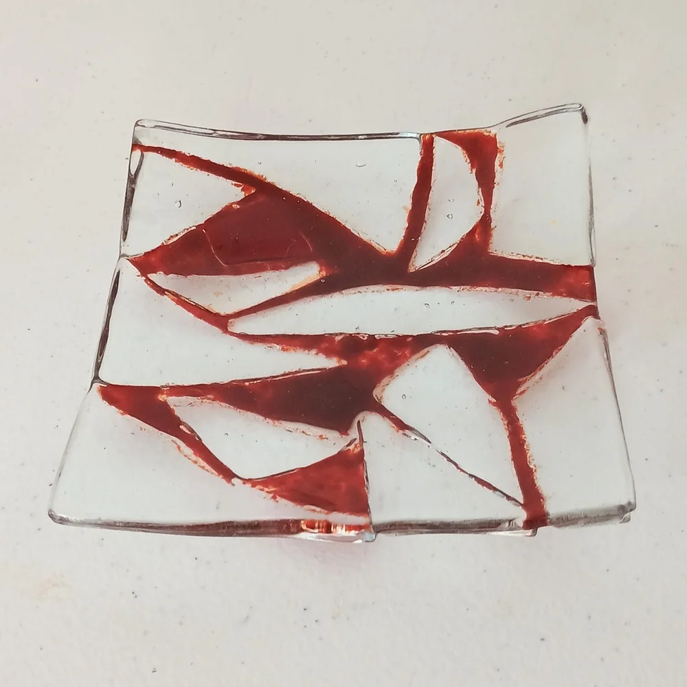 Vintage Red Clear Fuses Glass Trinket Dish Square Geometric 5x5